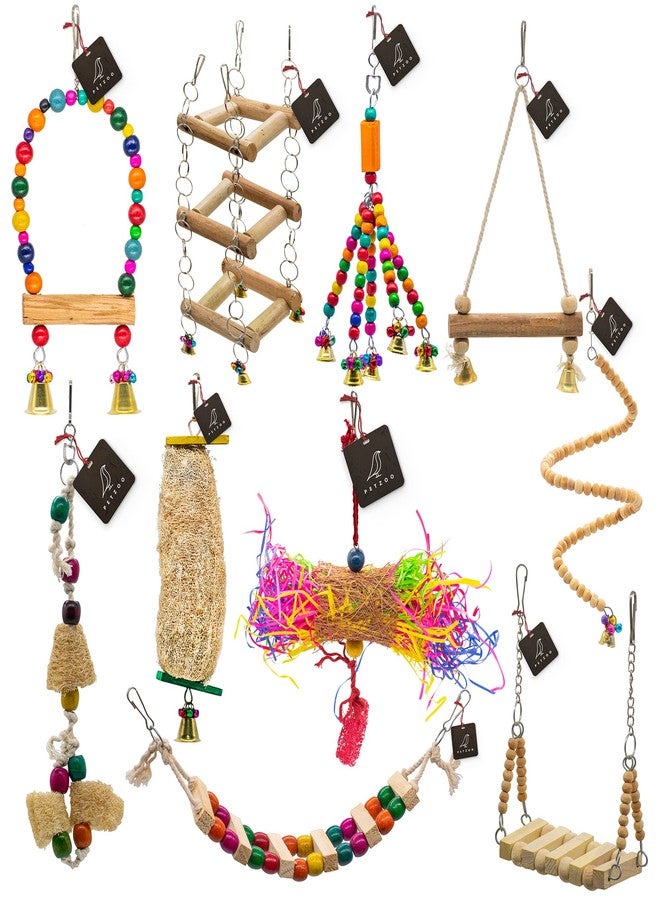 PETZOO Bundle of 10 Birds Toys Paper Shredded Foraging Chew, Swing, Mesh Toys, Perch, Spiral Hanging - Image 1